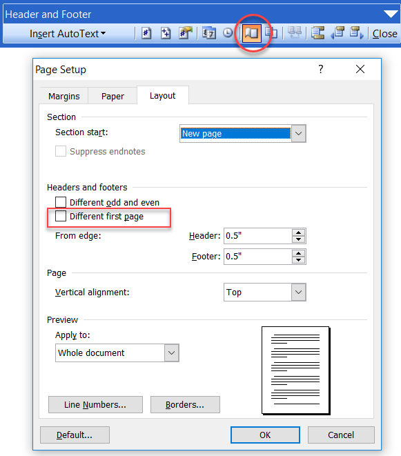 word 2016 different margins on first page