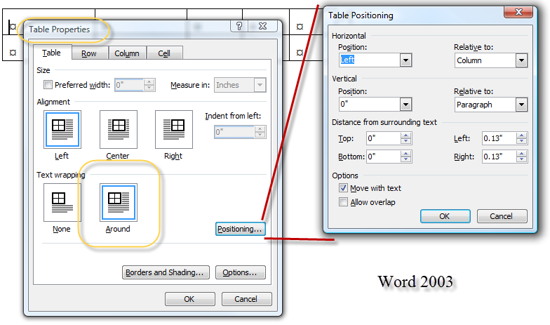 microsoft word set up two tables next to eachother