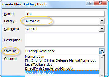 help Microsoft Word Create Building Block dialog Alt+F3