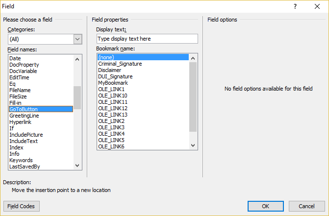 GoTo Button Field Microsoft Word Help