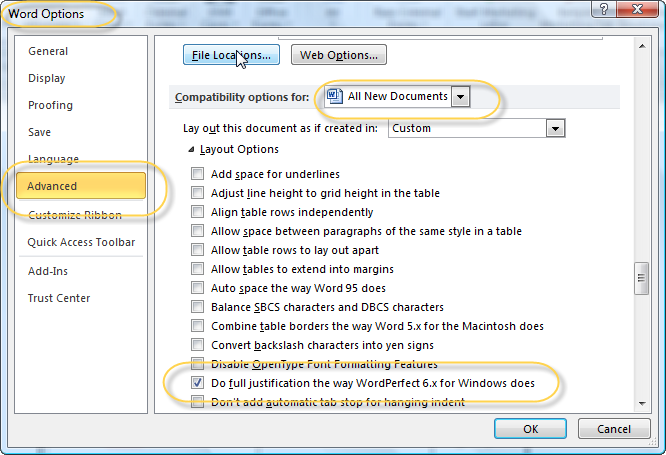 Improve full justification by switching on compatibility option to mimic Word Perfect 6.0 for Windows.