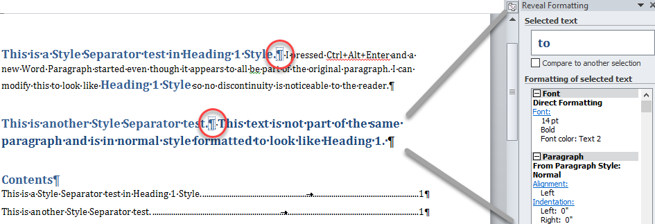 word formatting marks in table