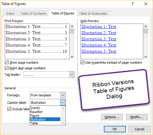 Table of Figures dialog in Ribbon versions of Microsoft Word - Help