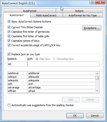 AutoCorrect Options dialog showing correction for 'deqquit to adequate.