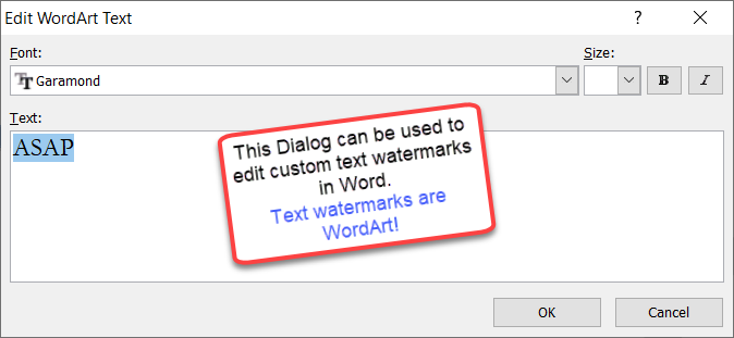 Edit WordArt dialog used to edit Watermarks
