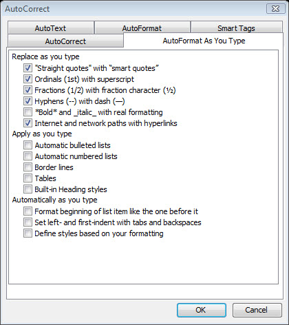 Word 2003 Options AutoFormat As You Type
