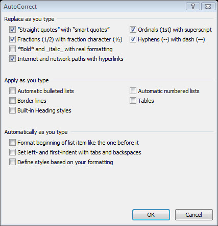 AutoFormat As You Type Options - Word 2010