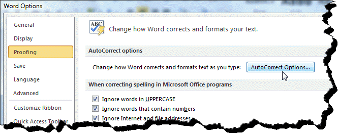 AutoCorrect Options button in microsoft word