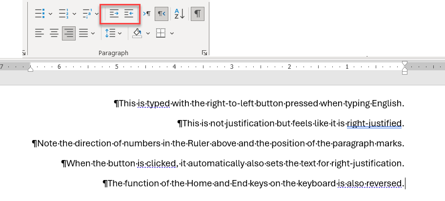Screenshot showing English-language text typed right-to-left.