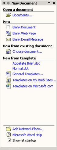 New Document Task Pane