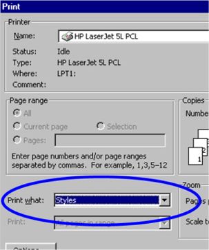 Print dialog box in Microsoft Word - Print what? - Print Styles!