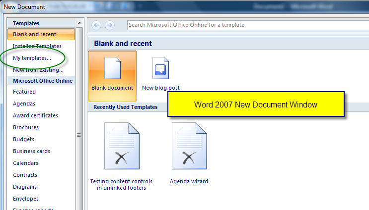 Templates File New Dialog Word 2007