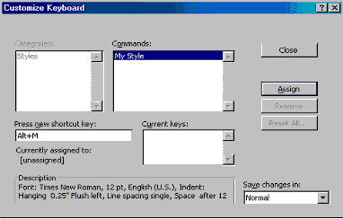 The Customize Keyboard dialog