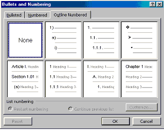The Bullets and Numbering dialog, with the Outline Numbered tab selected