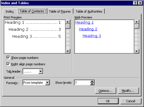 The Word 2000 Index and Tables dialog, with the Table of Contents tab selected