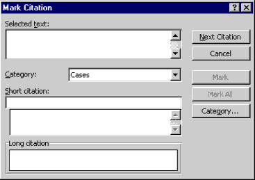 The Mark Citation dialog for marking a Table of Authorities citation