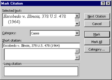 The Mark Citation dialog with a Case citation selected