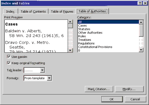 The Word 2000 Index and Tables dialog, with the Table of Authorities tab selected