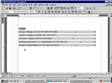 Table of Authorities inserted in the document