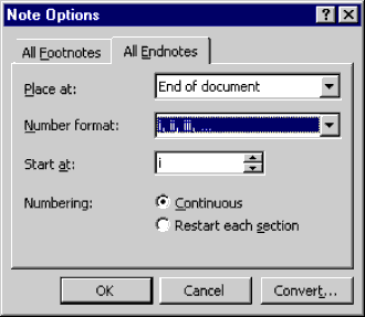 The Note Options dialog for changing footnote and endnote options