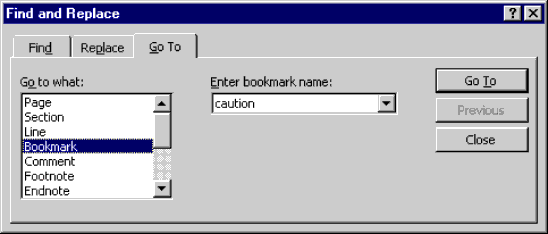 The Find and Replace dialog with the Go To tab selected, to find a bookmark