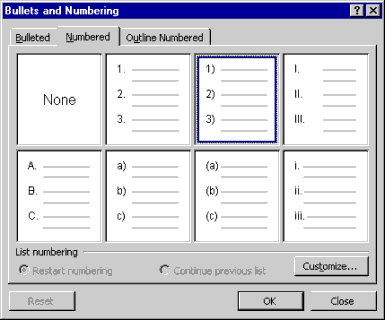 Bullets and Numbering dialog with the Numbered tab selected