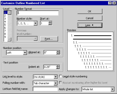 Customized Outline Numbered List dialog