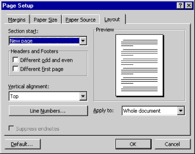 Page Setup Dialog Box Layout Tab