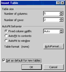 Insert table dialog available off of the Insert menu