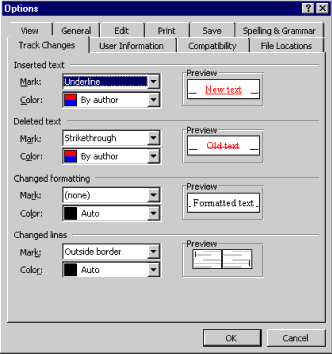 Options dialog with the Track Changes tab selected, available off of the Tools menu