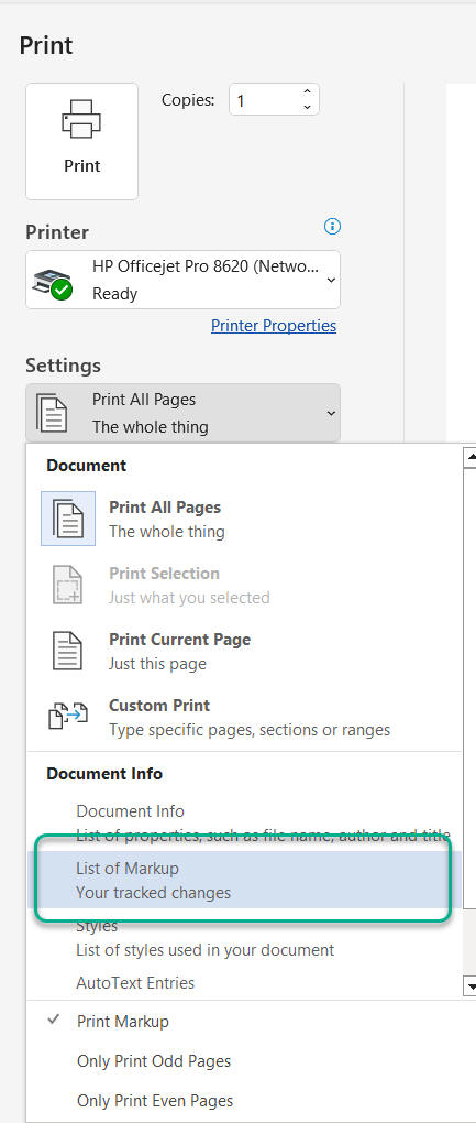 Word print markup help tracked changes