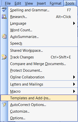 Add-ins help Word Templates and Add-ins dialog