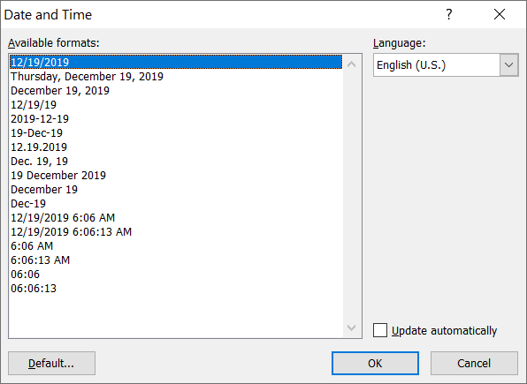 date bullet points for word