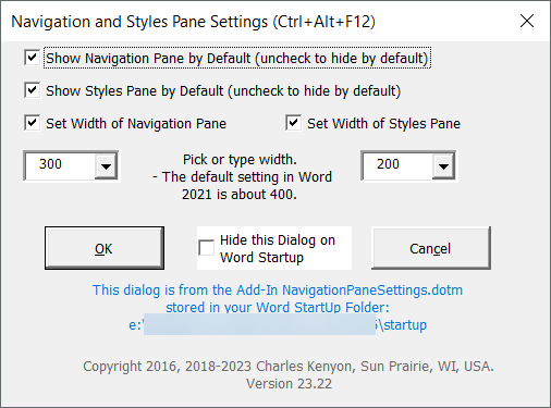 Navigation (and Styles) Pane Settings Dialog Box from Add-In
