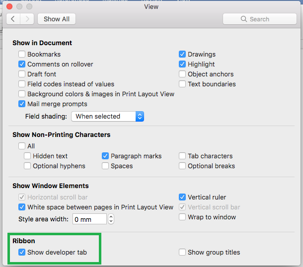 excel mac developer tab office 365