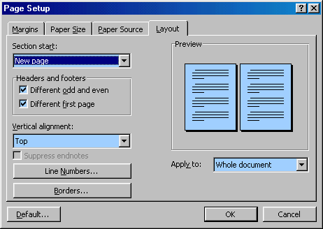 Page Setup - Layout dialog box in Microsoft Word. Check "different first page."