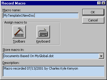 Microsoft Word Record Macro Dialog Box