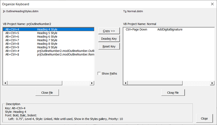 Word Keyboard shortcut organizer move copy