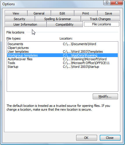 Word Workgroup Templates file location dialog