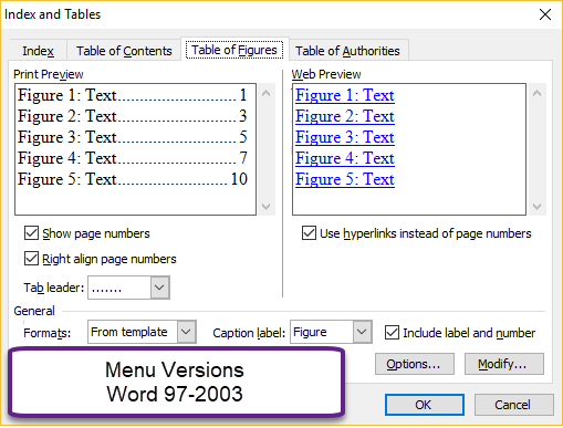 Table of Figures dialog menu versions of Microsoft Word - Help