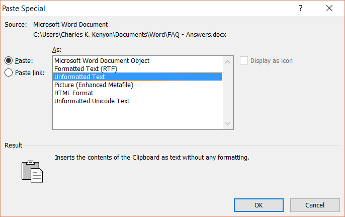 Paste Special in Microsoft Word