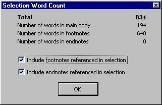 Word Count Macro shows 834 words where Word Count command from Tools menu only counted the 194 in the body of the document. Click on this picture to go to page for macro download.