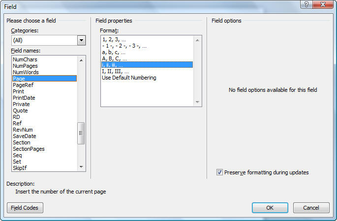 Sections Page Number Field