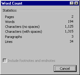Word Count for Selected Text using Word Count from Tools Menu - unable to include footnote and endnote text