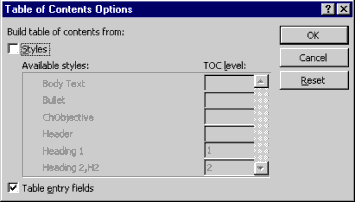The Table of Contents options dialog