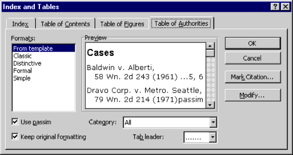The Word 97 Index and Tables dialog, with the Table of Authorities tab selected