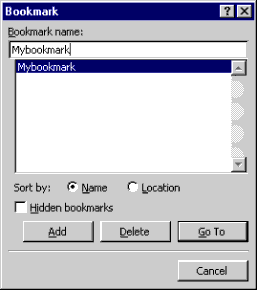The Bookmark dialog for inserting bookmarks