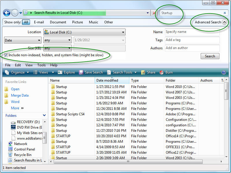 Where is the startup discount folder in windows 7